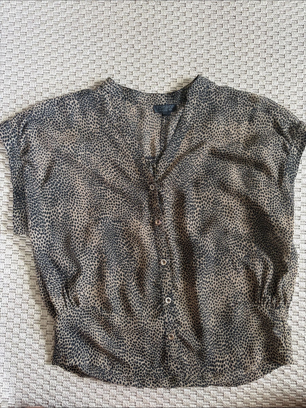 Topshop Black and Beige Animal-Print Short Sleeve Button-Front Top
